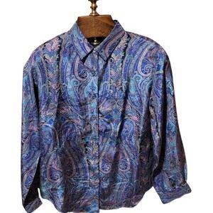 Vintage Copper Key Paisley Silk Satin Button Puff Sleeve Blouse Size Medium